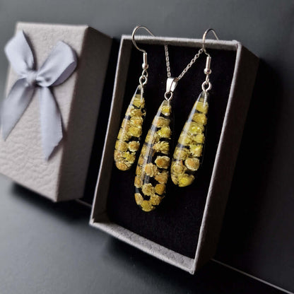 HANDMADE RESIN JEWELRY SET WITH Real Dried ‘HELIPTREUM ROSEUM’ FLOWER &amp; 925 STERLING SILVER